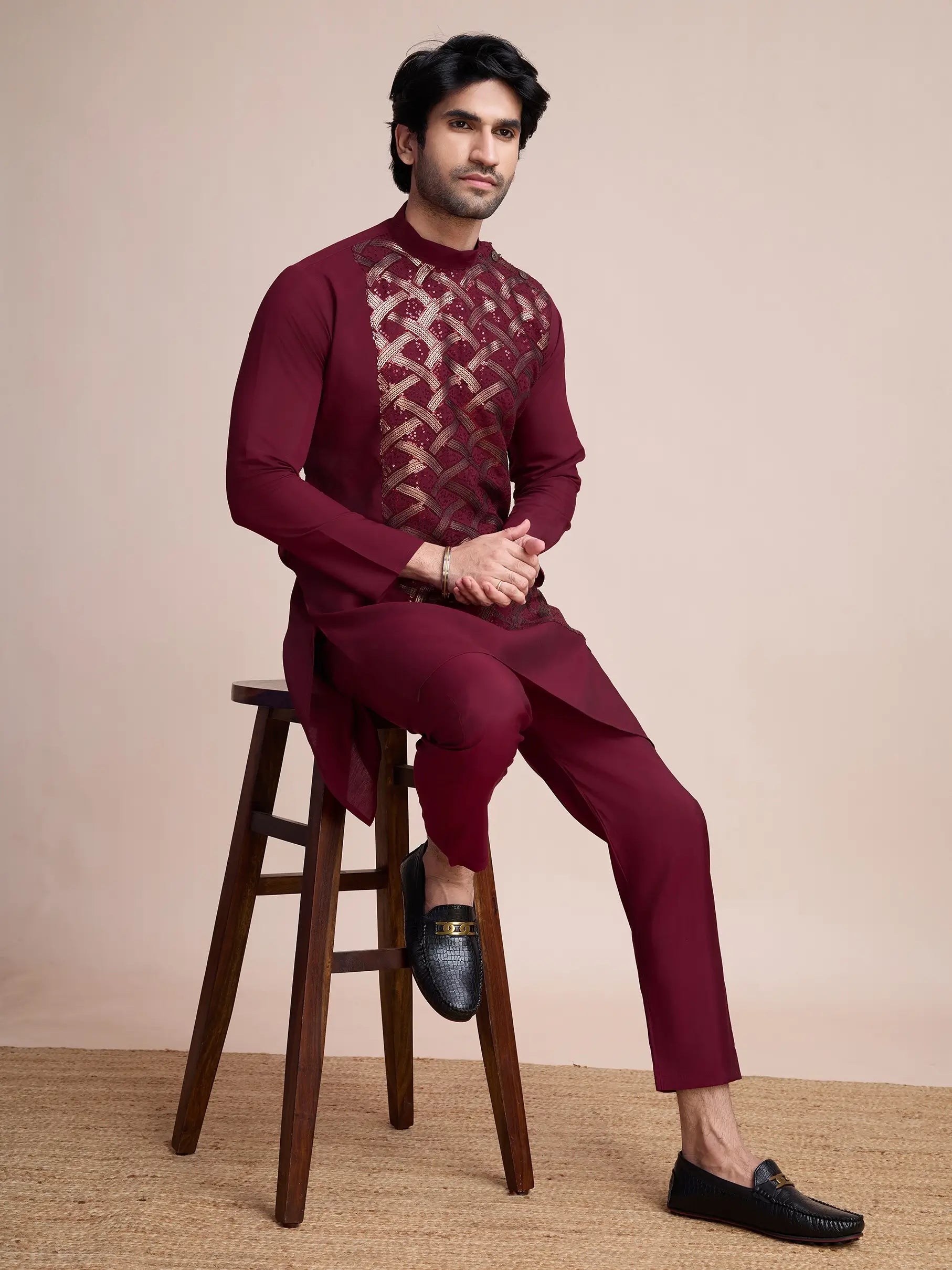 Maroon Silk Thread & Sequins Embroidered Work Kurta