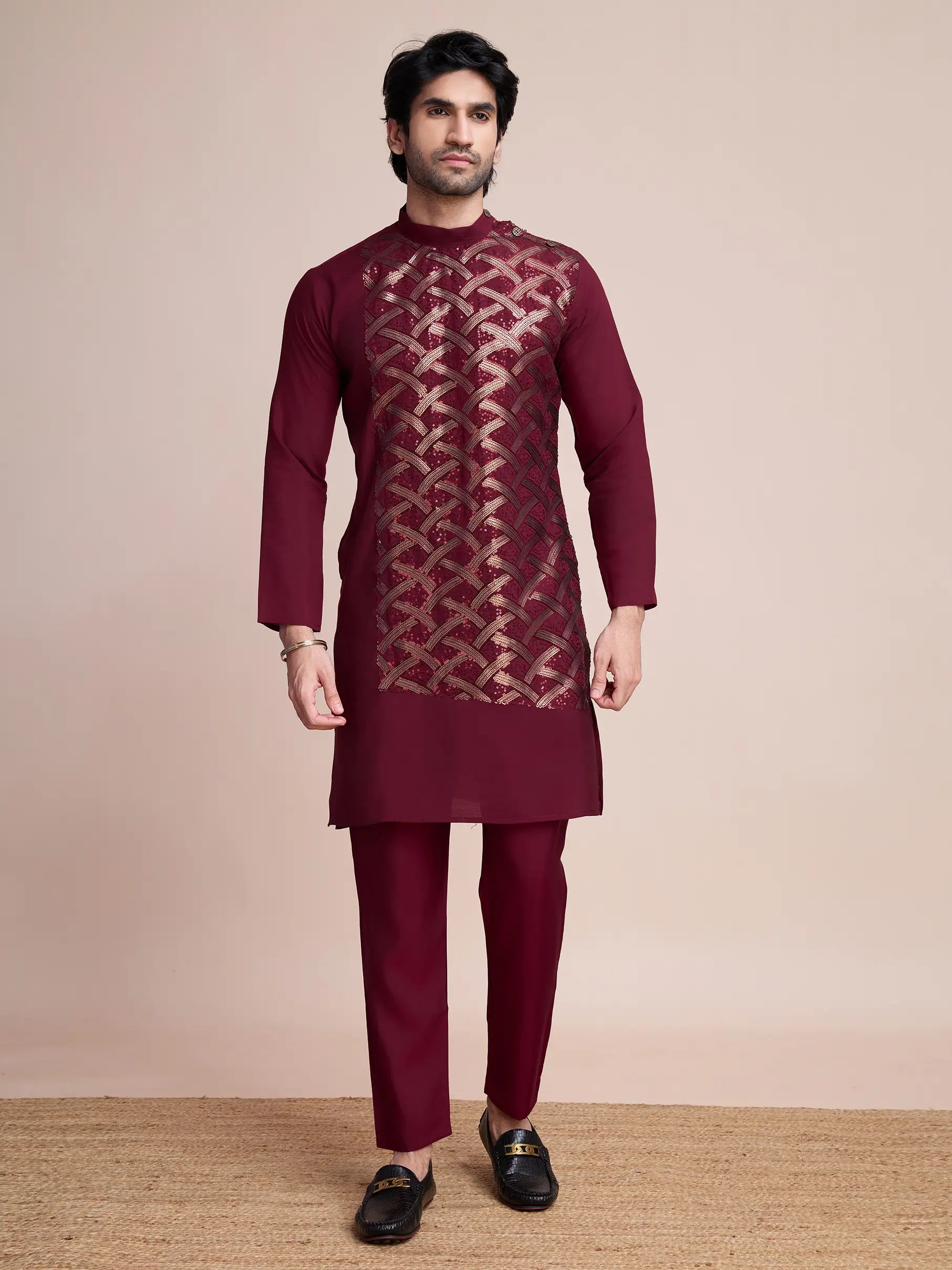 Maroon Silk Thread & Sequins Embroidered Work Kurta