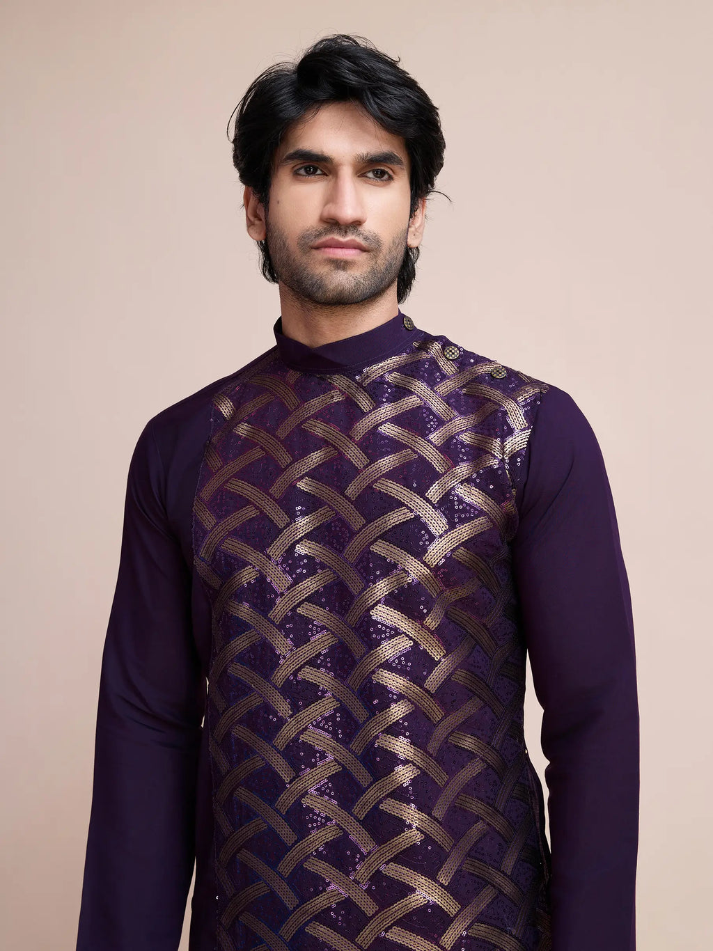 Purple Silk Thread & Sequins Embroidered Work Kurta