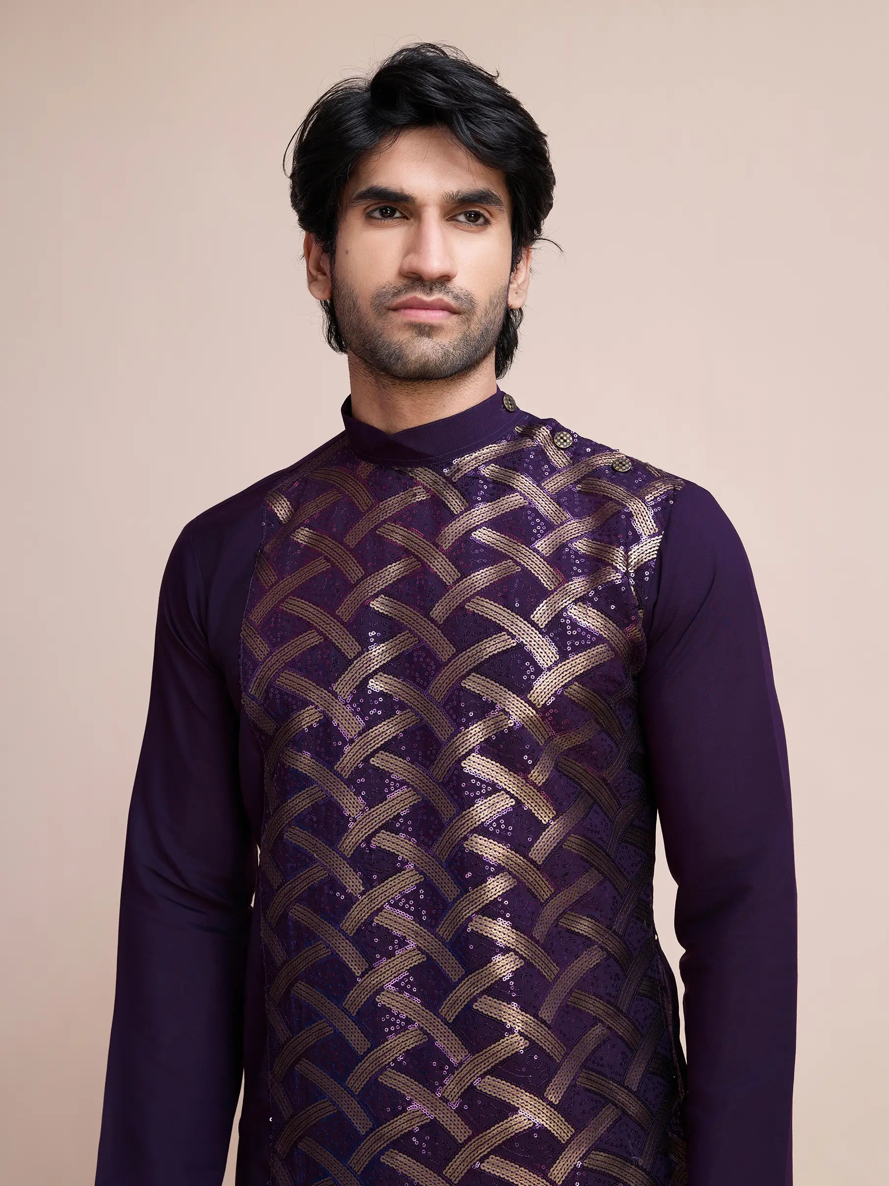 Purple Silk Thread & Sequins Embroidered Work Kurta