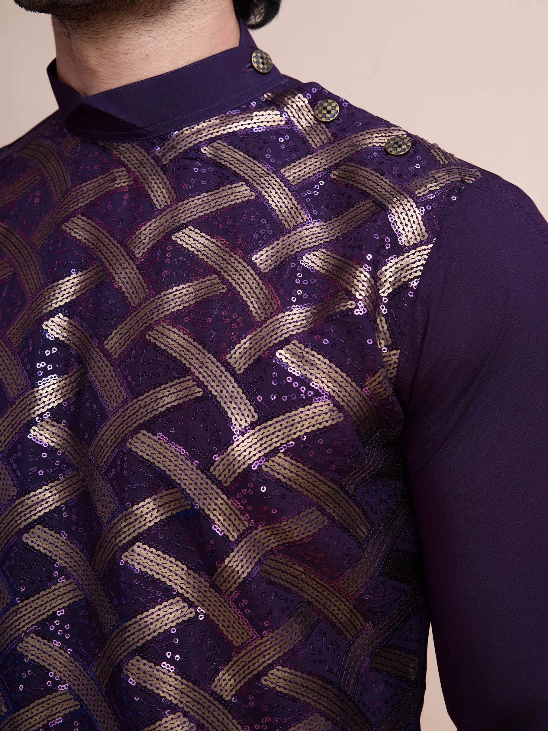 Purple Silk Thread & Sequins Embroidered Work Kurta