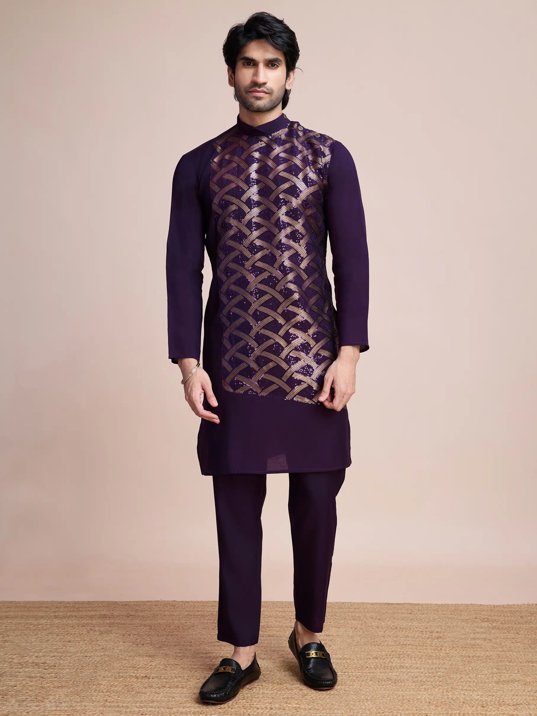 Purple Silk Thread & Sequins Embroidered Work Kurta
