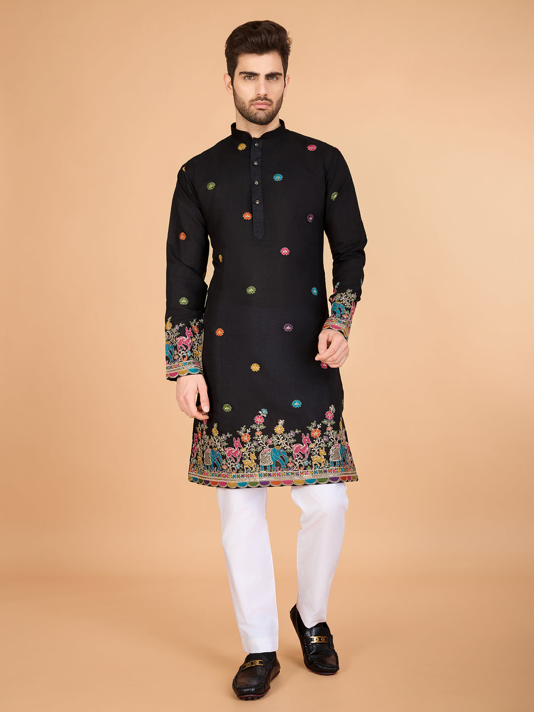 BLACK VISCOSE SILK THREAD & SEQUENCE EMBROIDDERED WORK KURTA - qivii