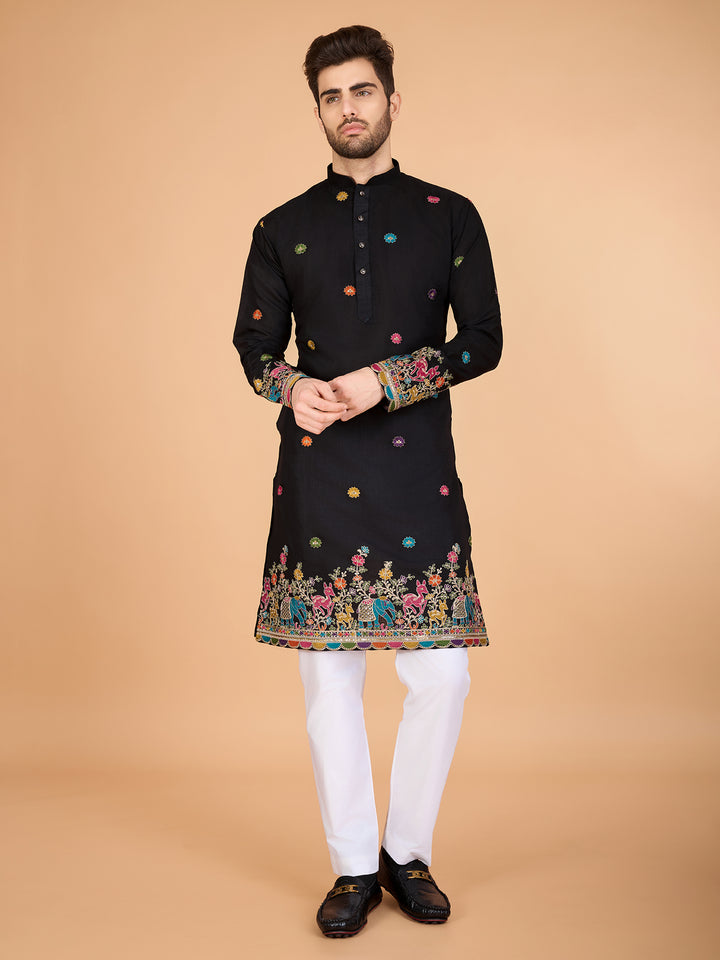 BLACK VISCOSE SILK THREAD & SEQUENCE EMBROIDDERED WORK KURTA - qivii