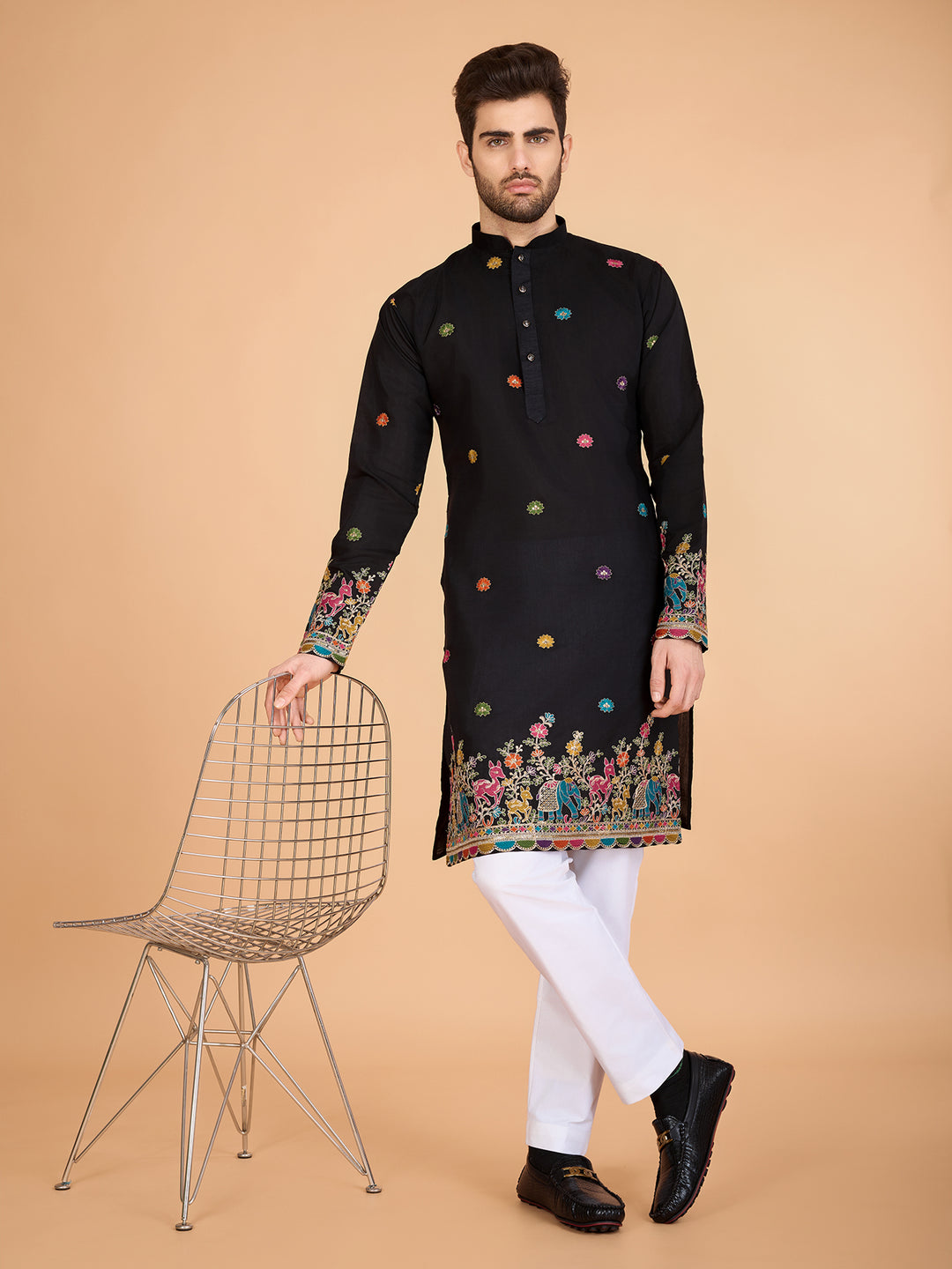 BLACK VISCOSE SILK THREAD & SEQUENCE EMBROIDDERED WORK KURTA - qivii