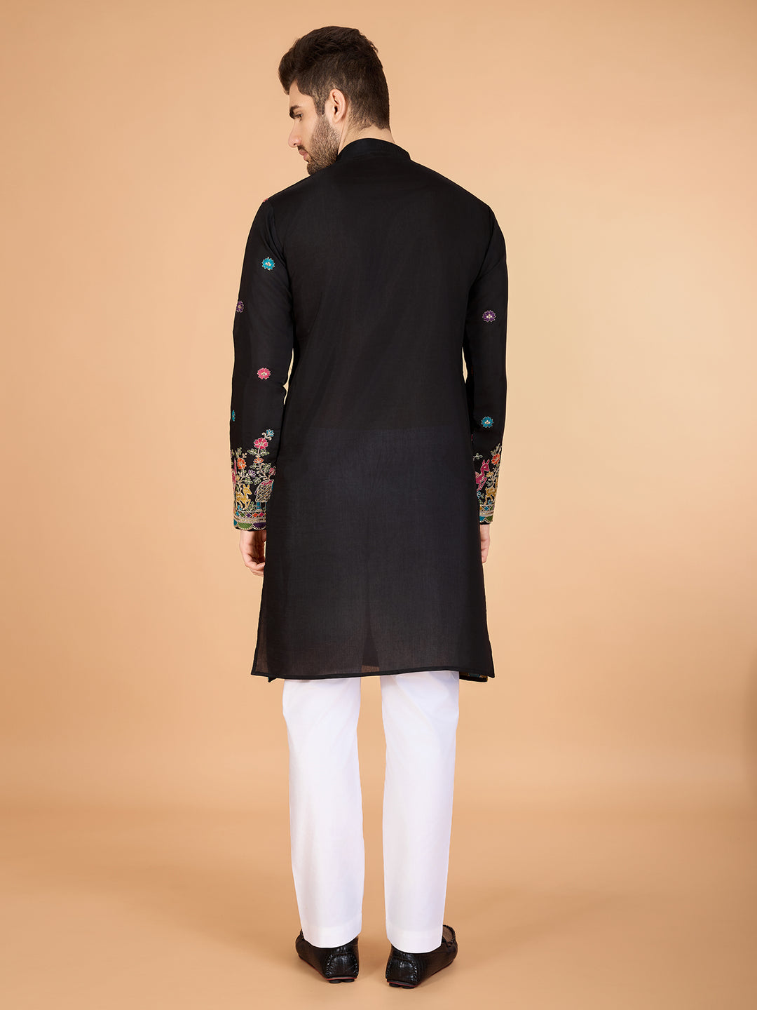 BLACK VISCOSE SILK THREAD & SEQUENCE EMBROIDDERED WORK KURTA - qivii