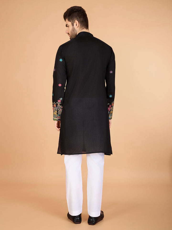 BLACK VISCOSE SILK THREAD & SEQUENCE EMBROIDDERED WORK KURTA - qivii