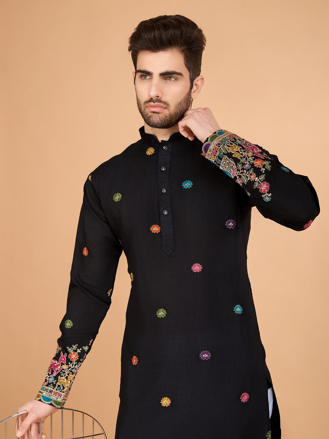 BLACK VISCOSE SILK THREAD & SEQUENCE EMBROIDDERED WORK KURTA - qivii