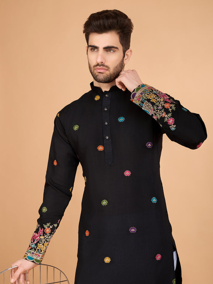 BLACK VISCOSE SILK THREAD & SEQUENCE EMBROIDDERED WORK KURTA - qivii