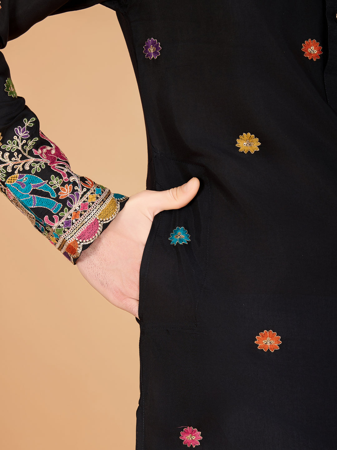 BLACK VISCOSE SILK THREAD & SEQUENCE EMBROIDDERED WORK KURTA - qivii