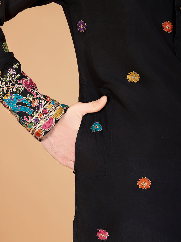 BLACK VISCOSE SILK THREAD & SEQUENCE EMBROIDDERED WORK KURTA - qivii