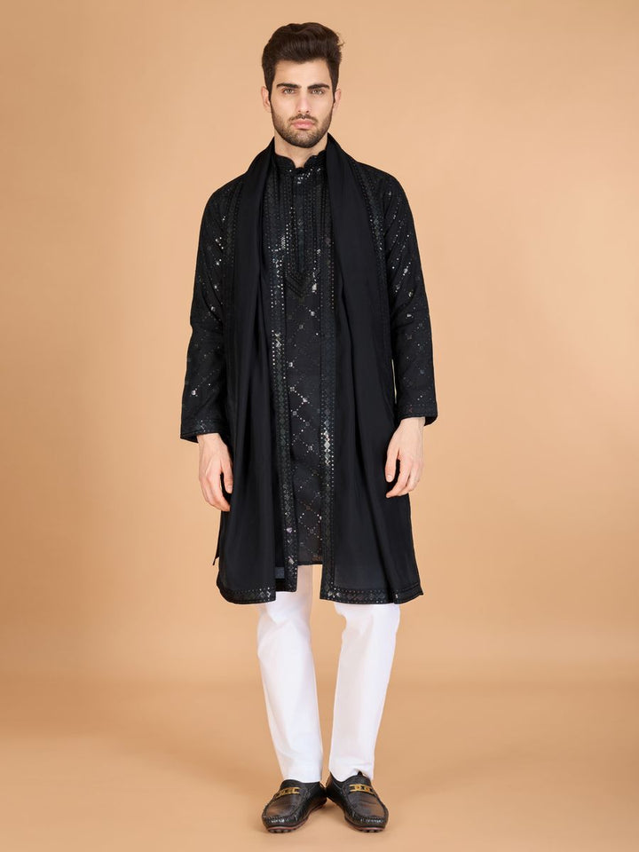 BLACK VISCOSE SILK THREAD, SEQUENCE EMBROIDERED WORK KURTA SET - qivii