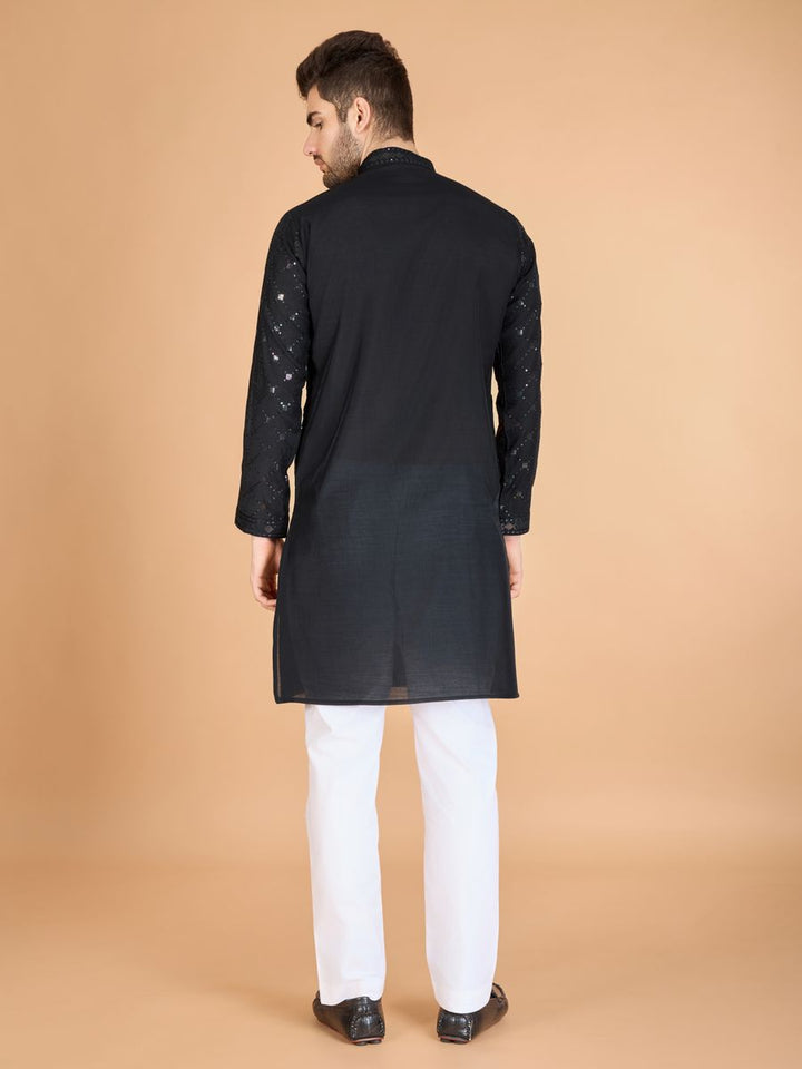 BLACK VISCOSE SILK THREAD, SEQUENCE EMBROIDERED WORK KURTA SET - qivii