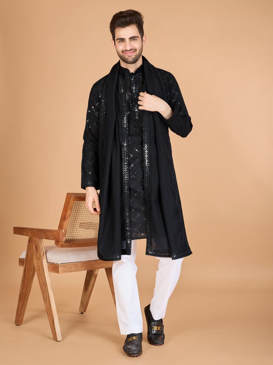 BLACK VISCOSE SILK THREAD, SEQUENCE EMBROIDERED WORK KURTA SET - qivii