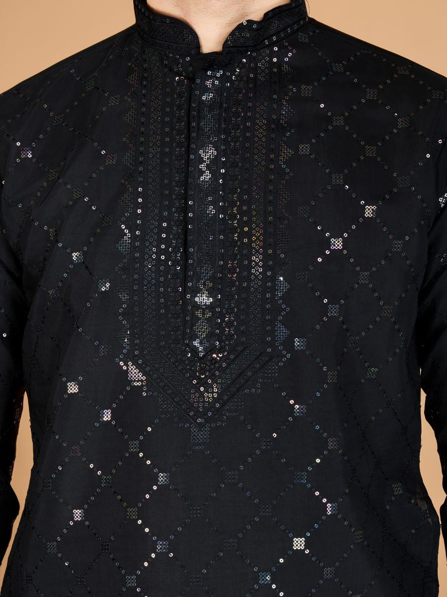 BLACK VISCOSE SILK THREAD, SEQUENCE EMBROIDERED WORK KURTA SET - qivii