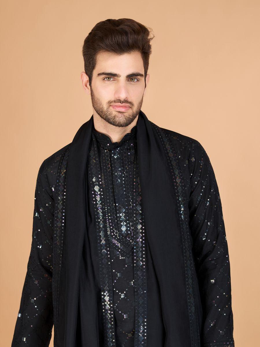 BLACK VISCOSE SILK THREAD, SEQUENCE EMBROIDERED WORK KURTA SET - qivii