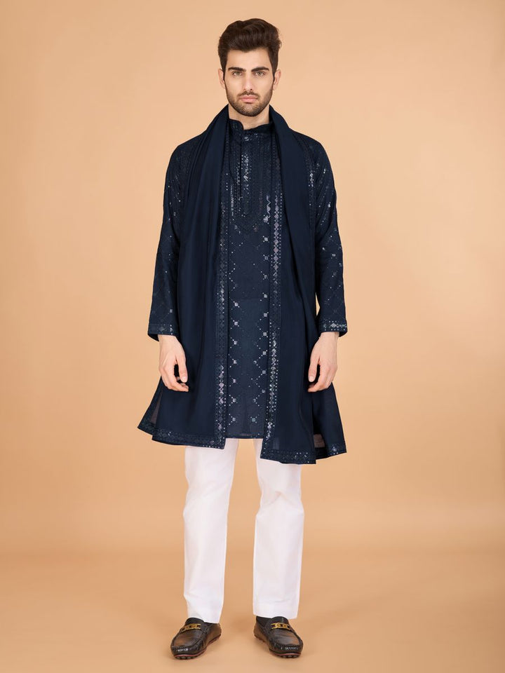 NAVY BLUE VISCOSE SILK THREAD, SEQUENCE EMBROIDERED WORK KURTA SET - qivii