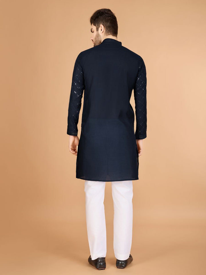 NAVY BLUE VISCOSE SILK THREAD, SEQUENCE EMBROIDERED WORK KURTA SET - qivii