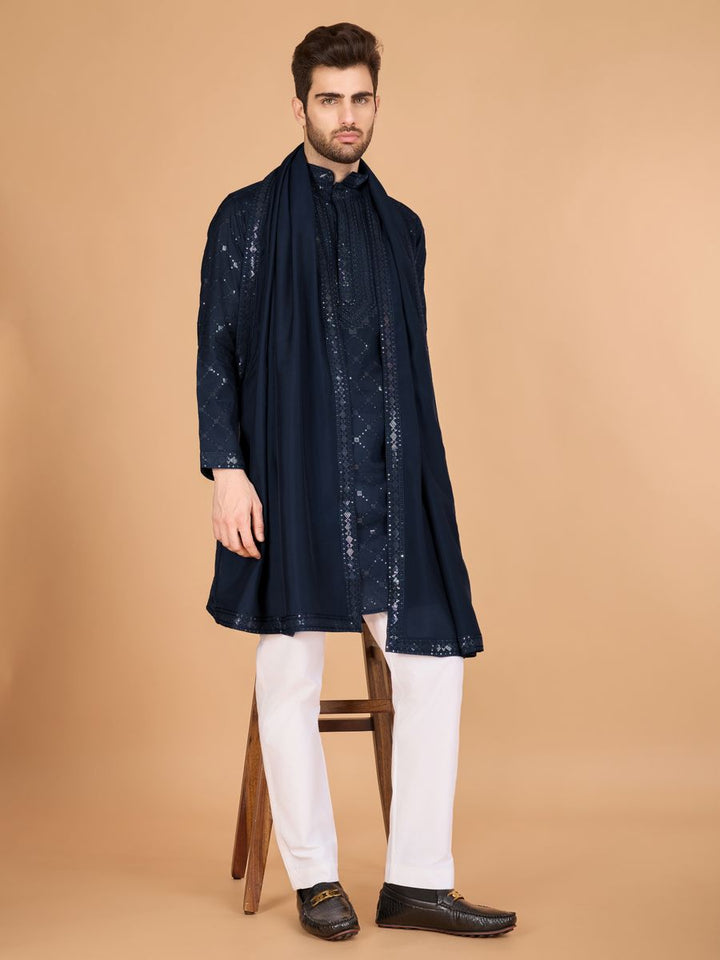 NAVY BLUE VISCOSE SILK THREAD, SEQUENCE EMBROIDERED WORK KURTA SET - qivii
