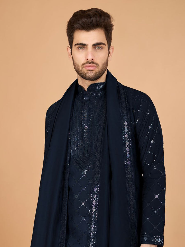 NAVY BLUE VISCOSE SILK THREAD, SEQUENCE EMBROIDERED WORK KURTA SET - qivii