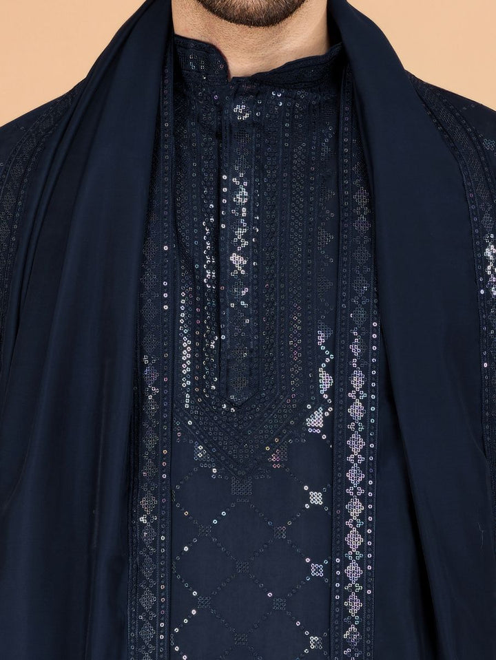 NAVY BLUE VISCOSE SILK THREAD, SEQUENCE EMBROIDERED WORK KURTA SET - qivii