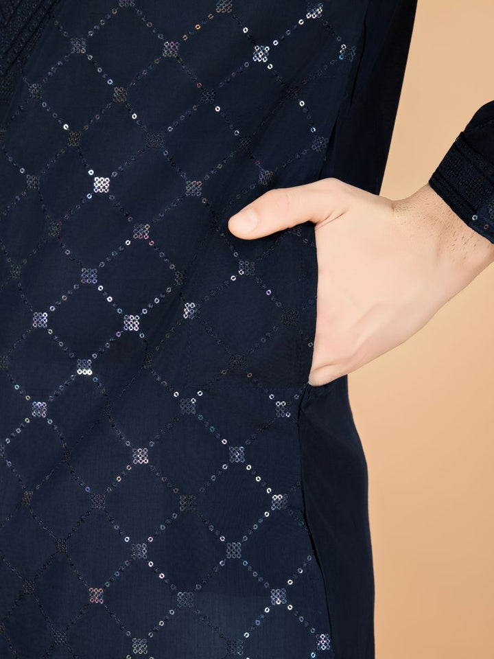 NAVY BLUE VISCOSE SILK THREAD, SEQUENCE EMBROIDERED WORK KURTA SET - qivii