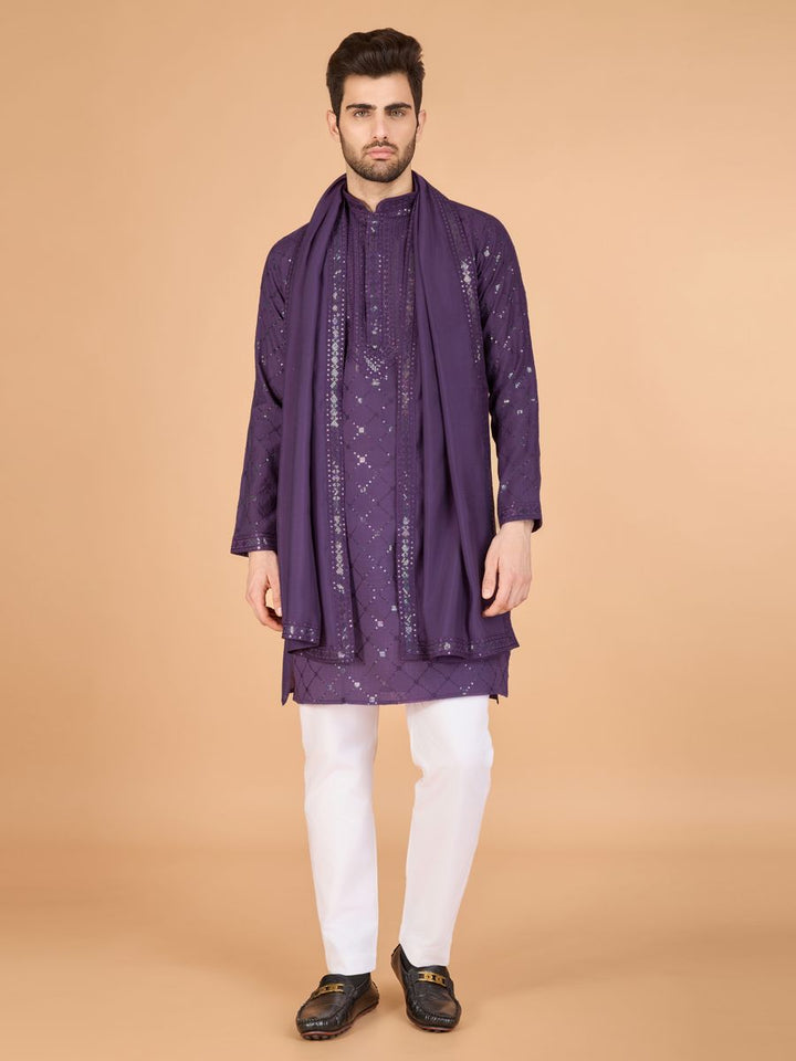 DUSTY PUPRLE VISCOSE SILK THREAD, SEQUENCE EMBROIDERED WORK KURTA SET - qivii