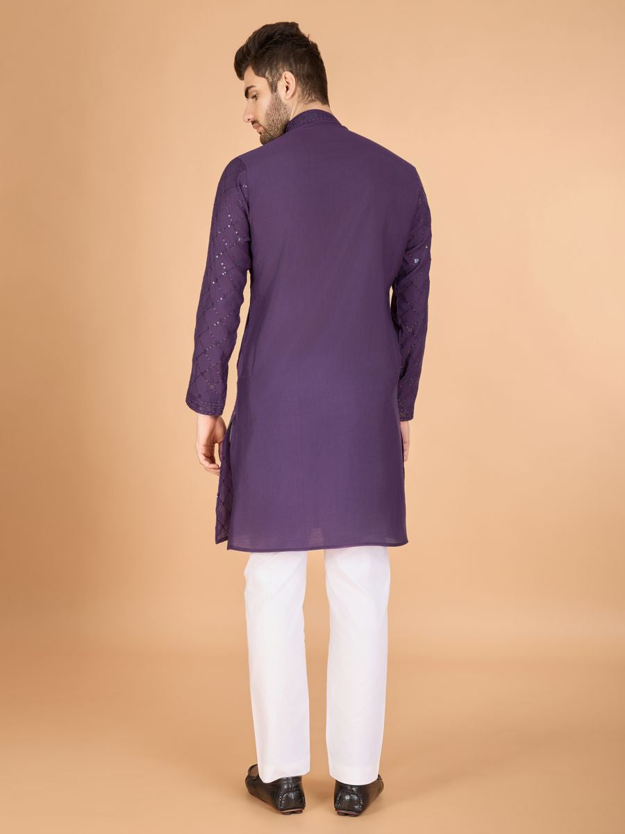DUSTY PUPRLE VISCOSE SILK THREAD, SEQUENCE EMBROIDERED WORK KURTA SET - qivii