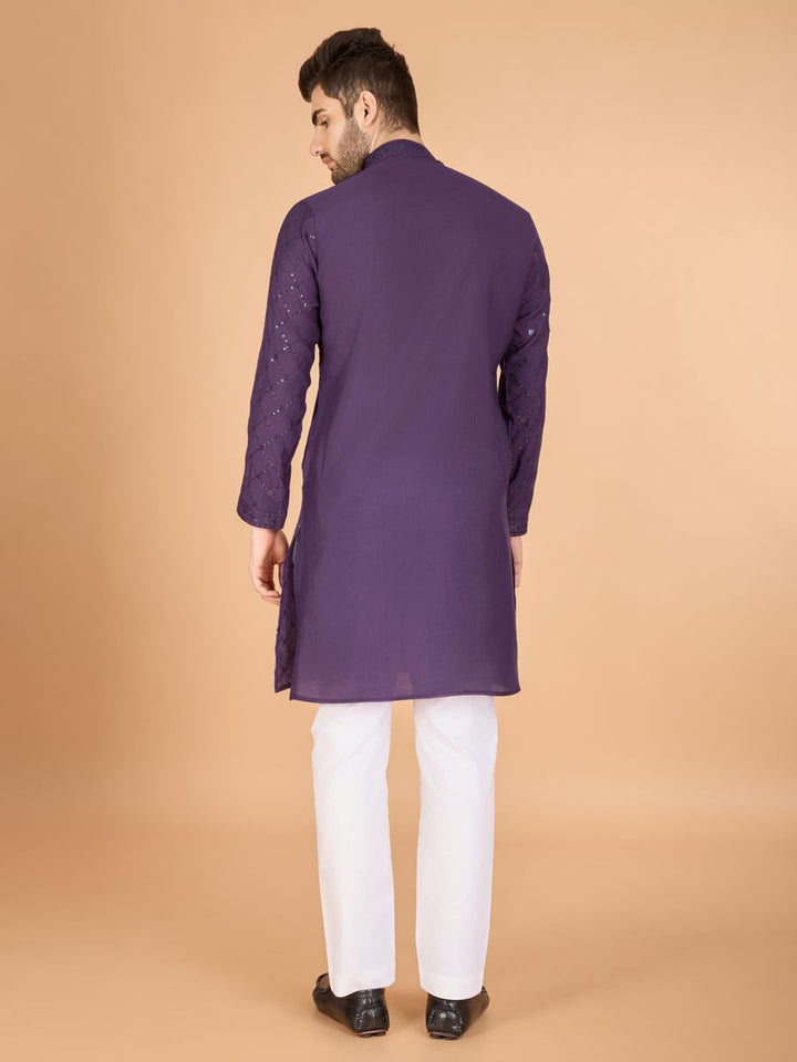 DUSTY PUPRLE VISCOSE SILK THREAD, SEQUENCE EMBROIDERED WORK KURTA SET - qivii