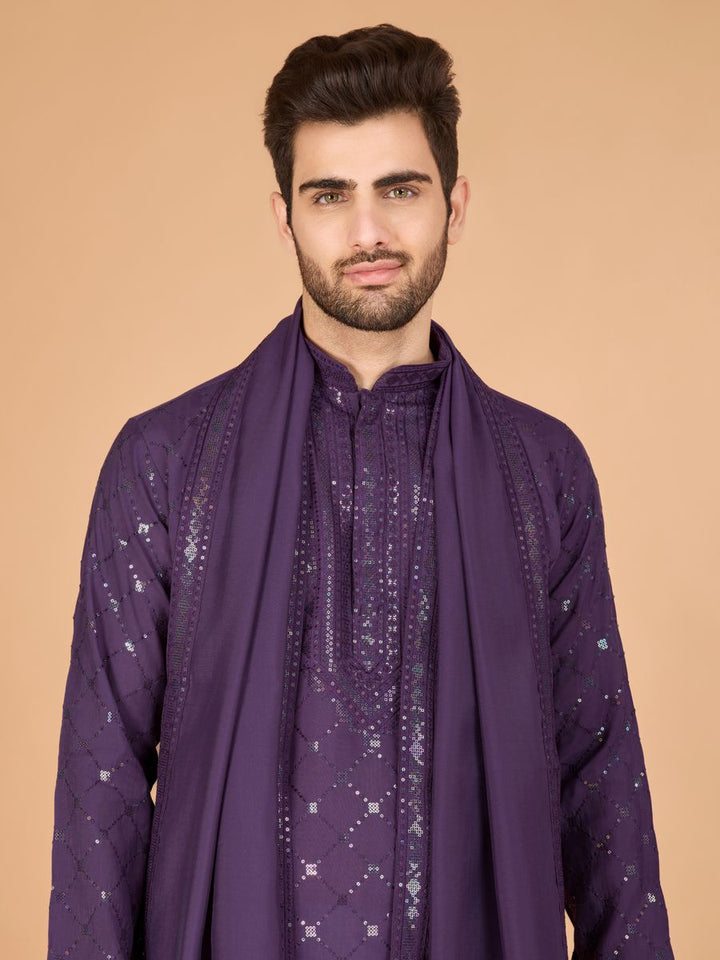 DUSTY PUPRLE VISCOSE SILK THREAD, SEQUENCE EMBROIDERED WORK KURTA SET - qivii
