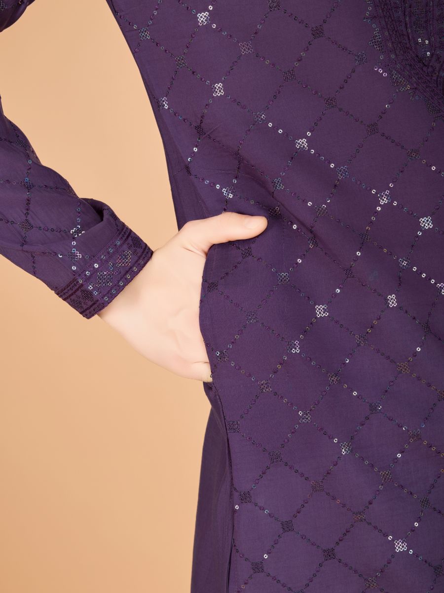 DUSTY PUPRLE VISCOSE SILK THREAD, SEQUENCE EMBROIDERED WORK KURTA SET - qivii