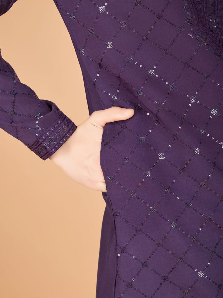 DUSTY PUPRLE VISCOSE SILK THREAD, SEQUENCE EMBROIDERED WORK KURTA SET - qivii