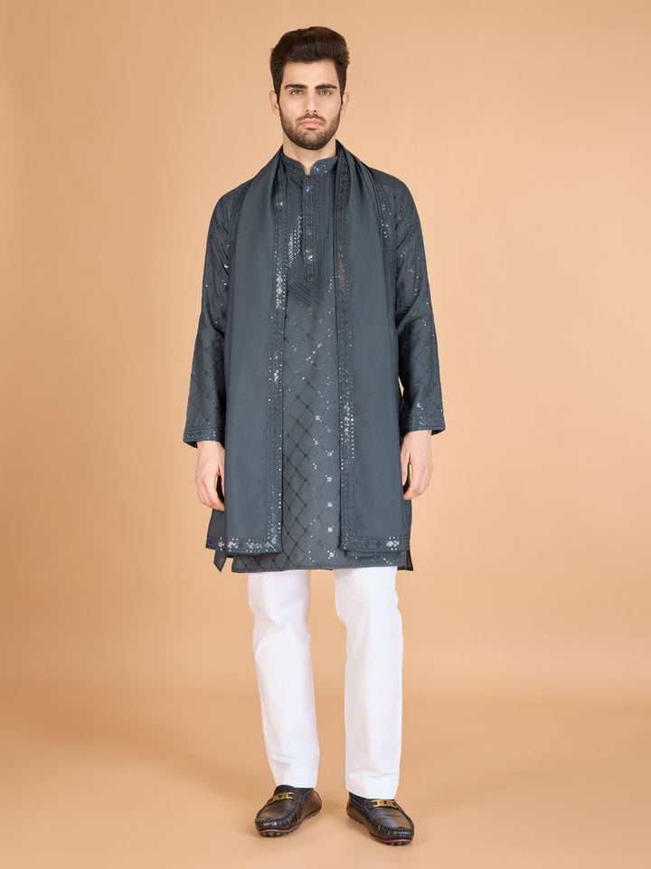 GREY VISCOSE SILK THREAD, SEQUENCE EMBROIDERED WORK KURTA SET - qivii
