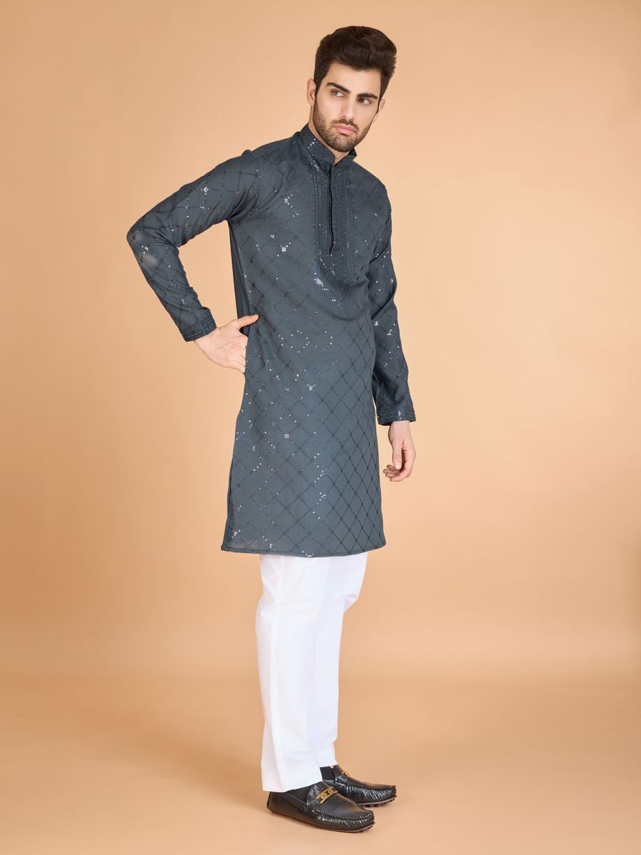 GREY VISCOSE SILK THREAD, SEQUENCE EMBROIDERED WORK KURTA SET - qivii