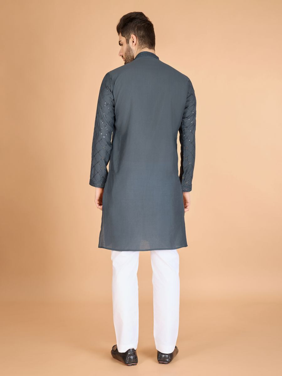 GREY VISCOSE SILK THREAD, SEQUENCE EMBROIDERED WORK KURTA SET - qivii