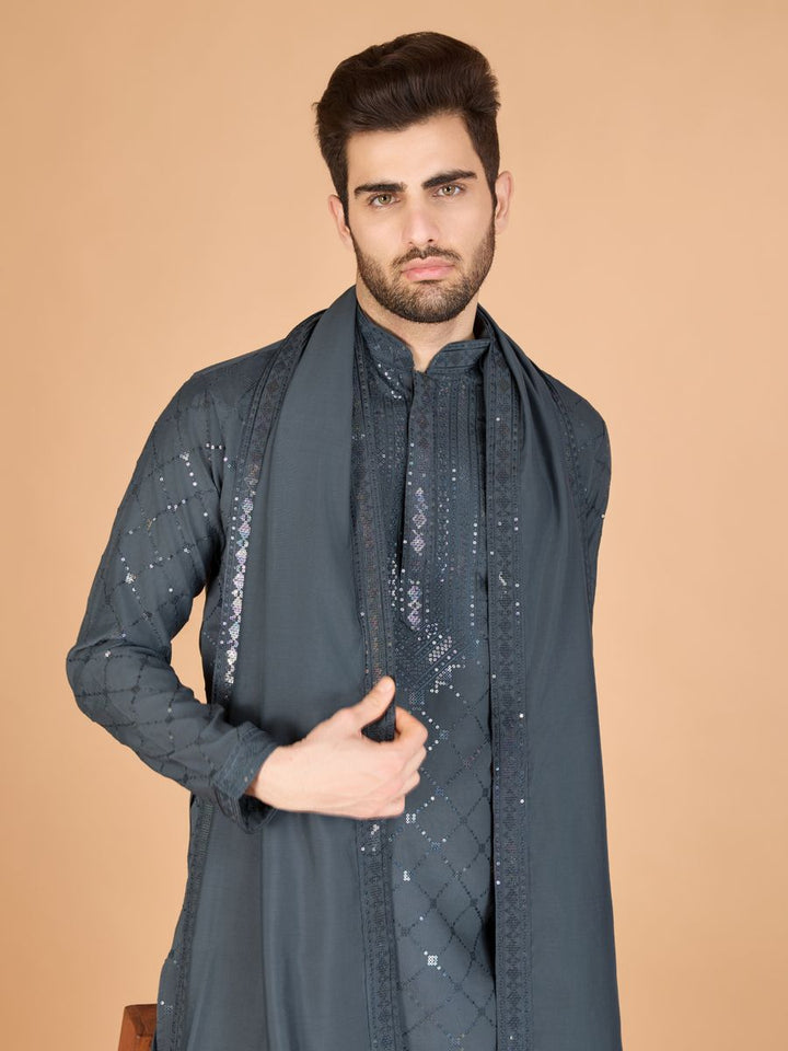 GREY VISCOSE SILK THREAD, SEQUENCE EMBROIDERED WORK KURTA SET - qivii