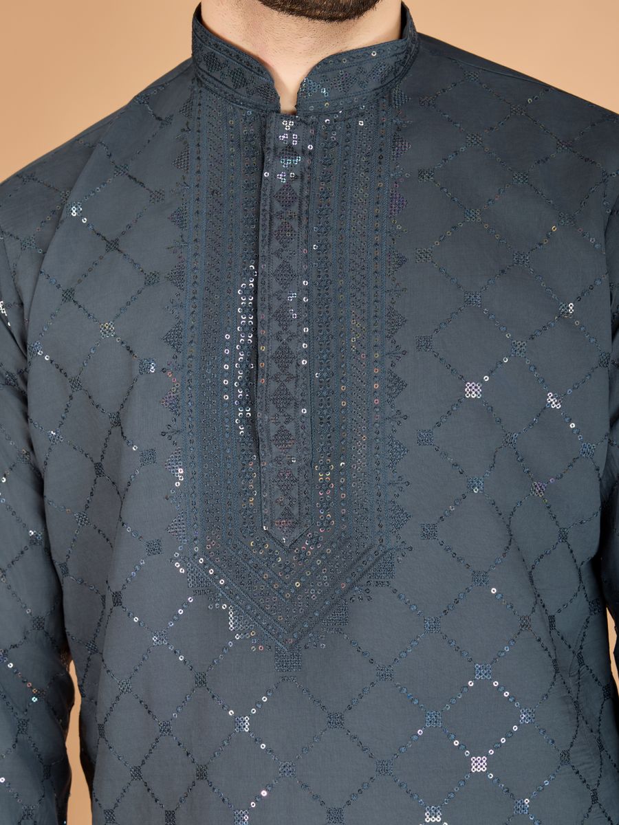 GREY VISCOSE SILK THREAD, SEQUENCE EMBROIDERED WORK KURTA SET - qivii