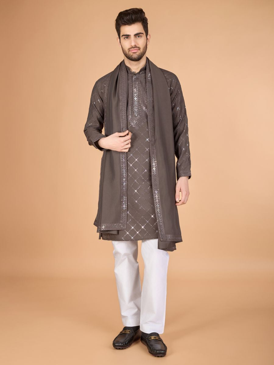 BROWN VISCOSE SILK THREAD, SEQUENCE EMBROIDERED WORK KURTA SET - qivii