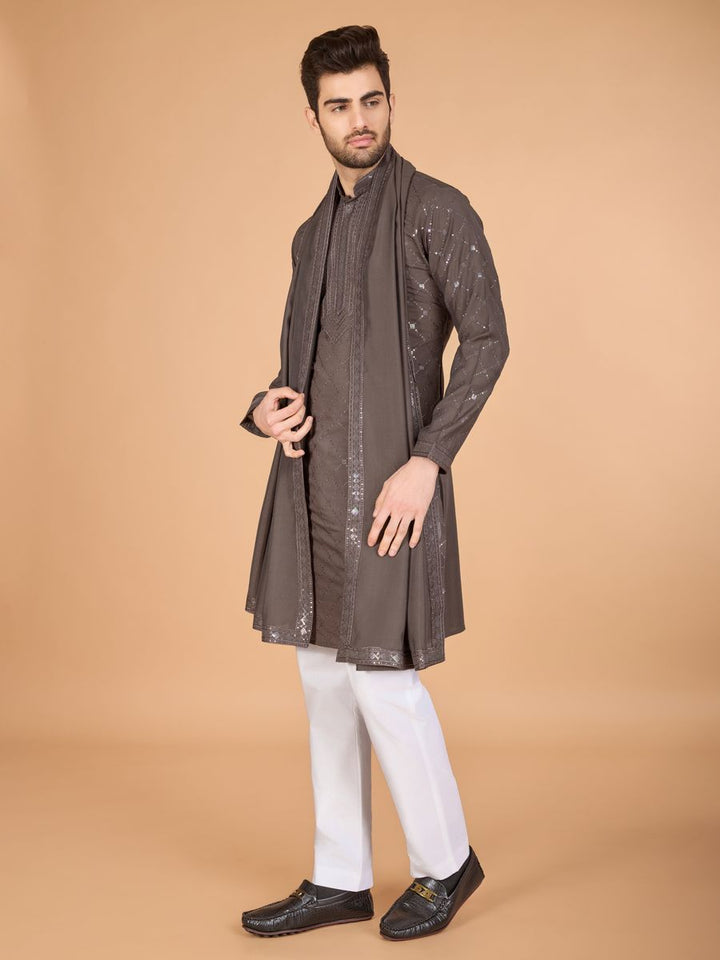 BROWN VISCOSE SILK THREAD, SEQUENCE EMBROIDERED WORK KURTA SET - qivii