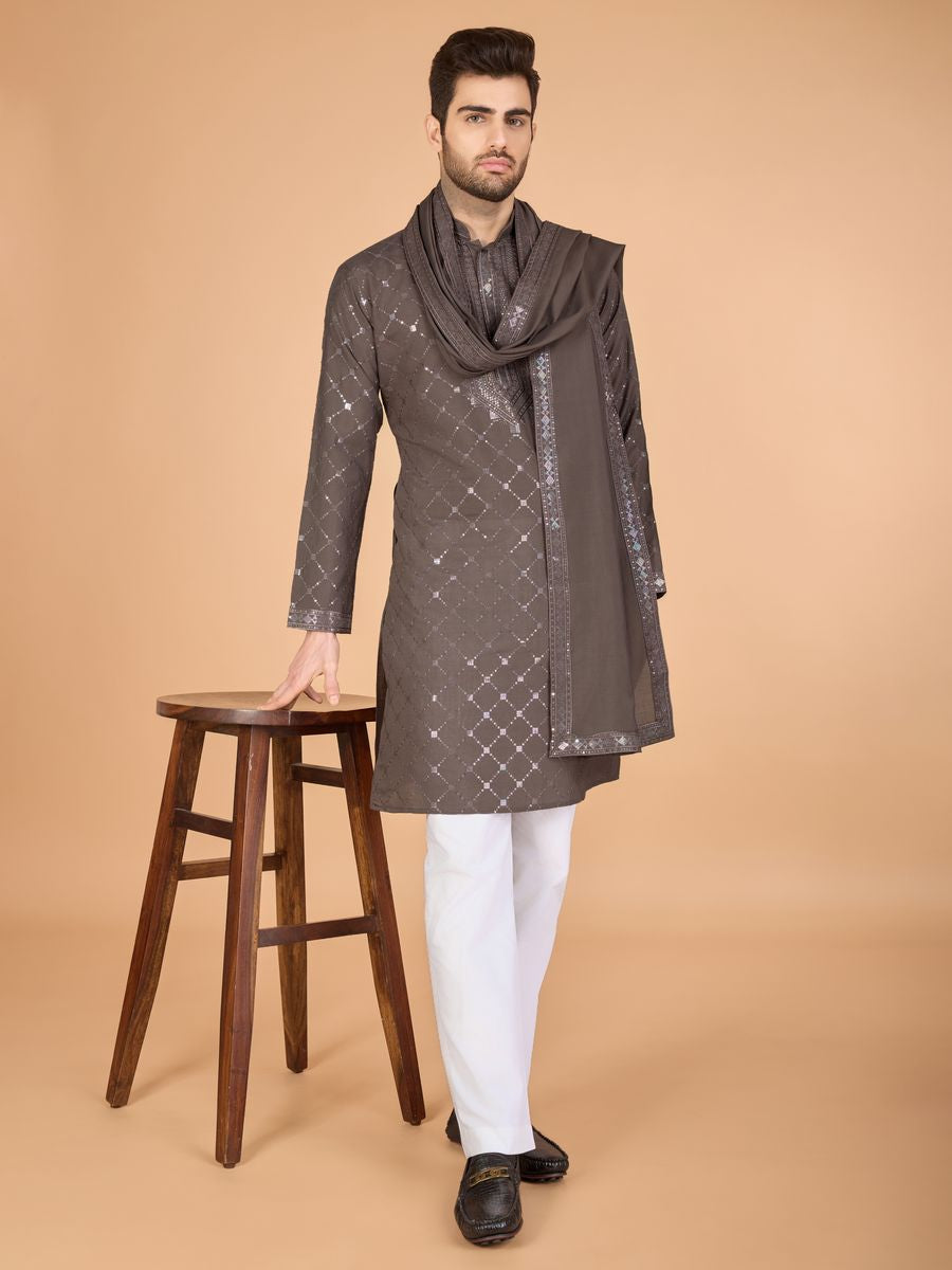 BROWN VISCOSE SILK THREAD, SEQUENCE EMBROIDERED WORK KURTA SET - qivii