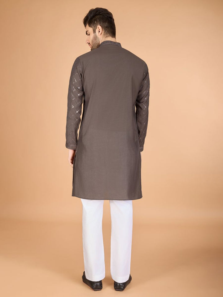BROWN VISCOSE SILK THREAD, SEQUENCE EMBROIDERED WORK KURTA SET - qivii