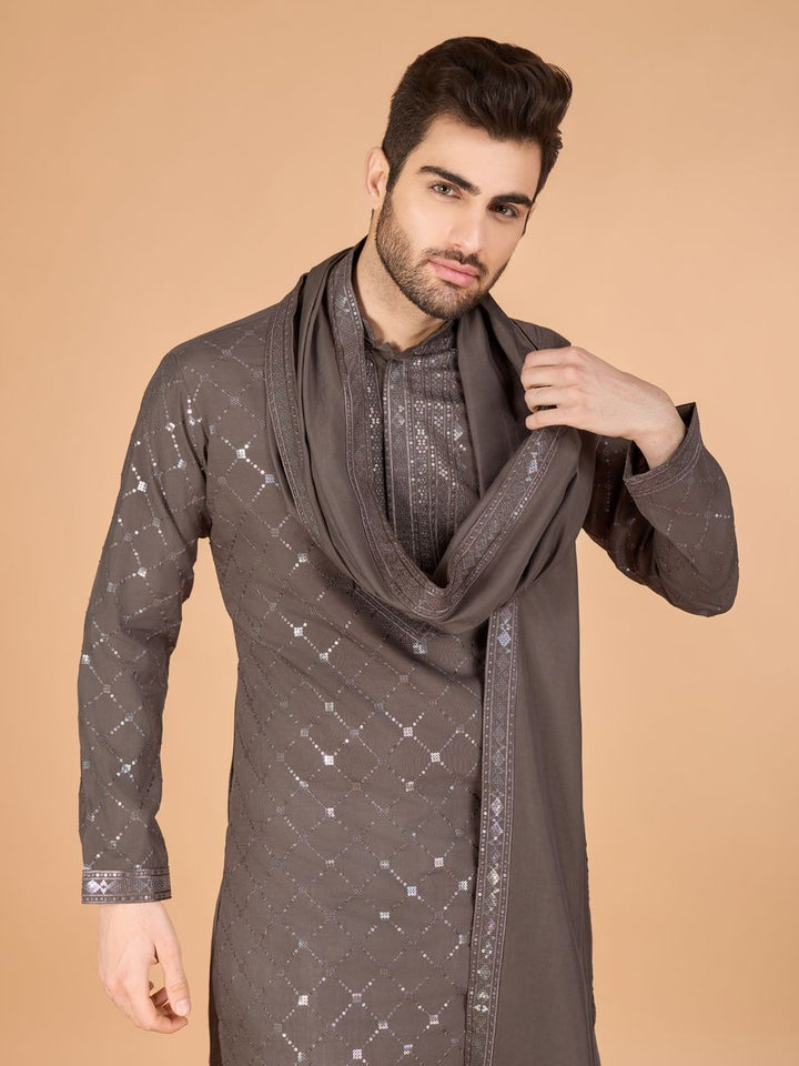 BROWN VISCOSE SILK THREAD, SEQUENCE EMBROIDERED WORK KURTA SET - qivii