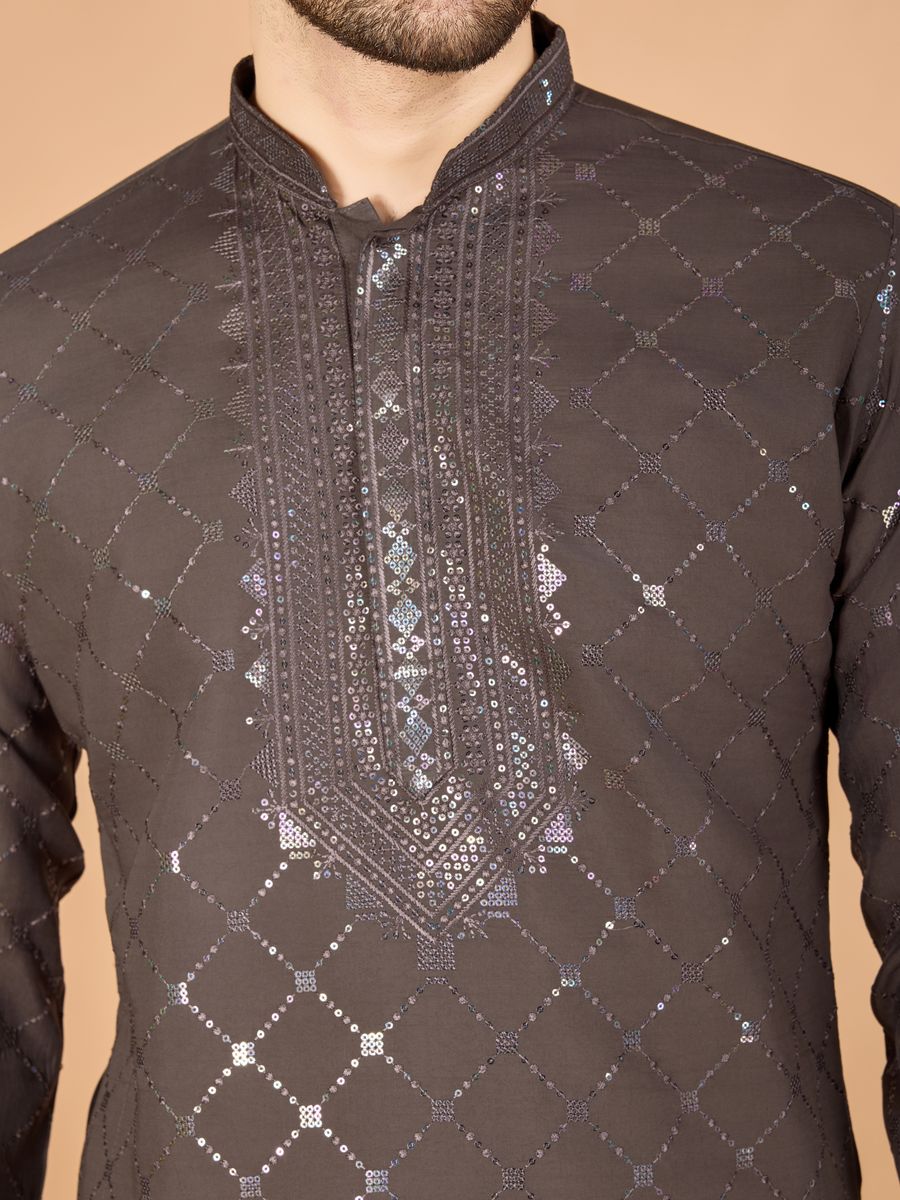 BROWN VISCOSE SILK THREAD, SEQUENCE EMBROIDERED WORK KURTA SET - qivii