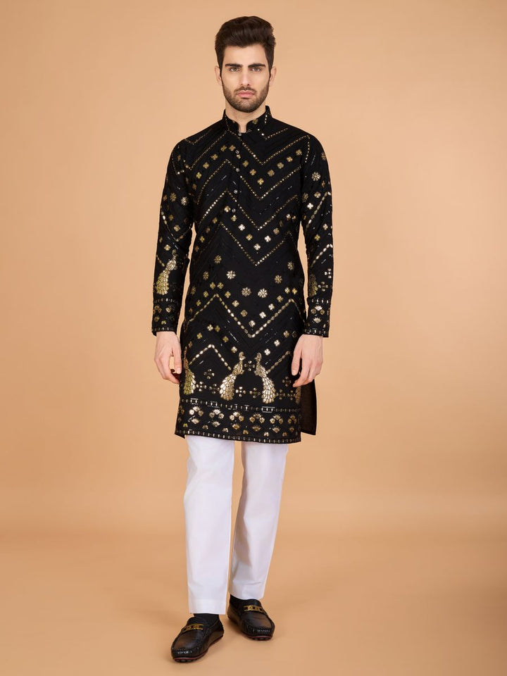 BLACK PURE VISCOSE RAYON THREAD & SEQUENCE EMBROIDERED WORK KURTA - qivii