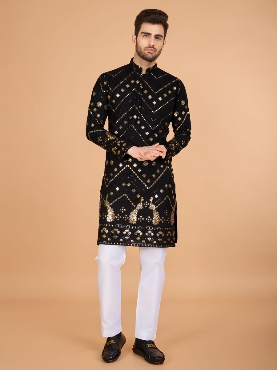 BLACK PURE VISCOSE RAYON THREAD & SEQUENCE EMBROIDERED WORK KURTA - qivii
