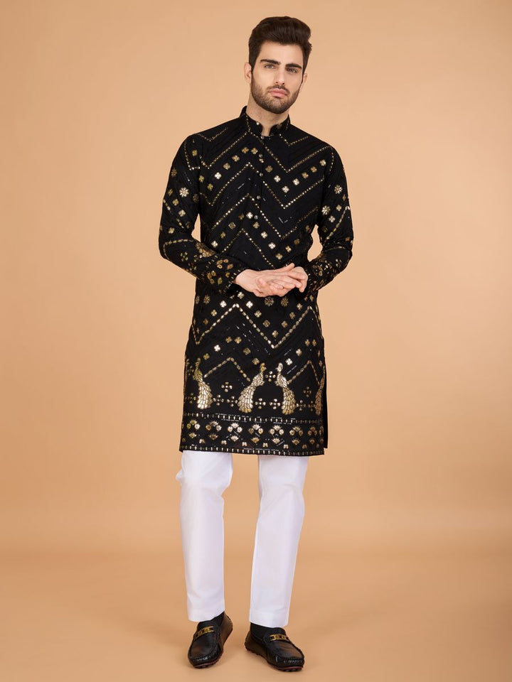 BLACK PURE VISCOSE RAYON THREAD & SEQUENCE EMBROIDERED WORK KURTA - qivii