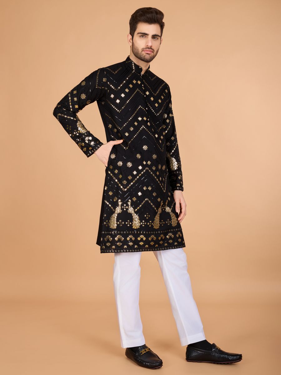 BLACK PURE VISCOSE RAYON THREAD & SEQUENCE EMBROIDERED WORK KURTA - qivii