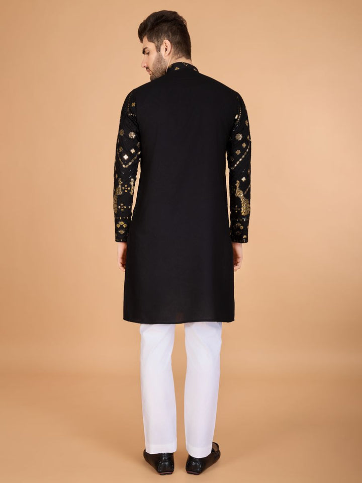 BLACK PURE VISCOSE RAYON THREAD & SEQUENCE EMBROIDERED WORK KURTA - qivii