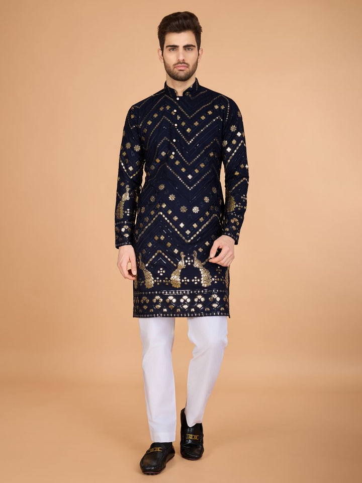 NAVY BLUE PURE VISCOSE RAYON THREAD & SEQUENCE EMBROIDERED WORK KURTA - qivii
