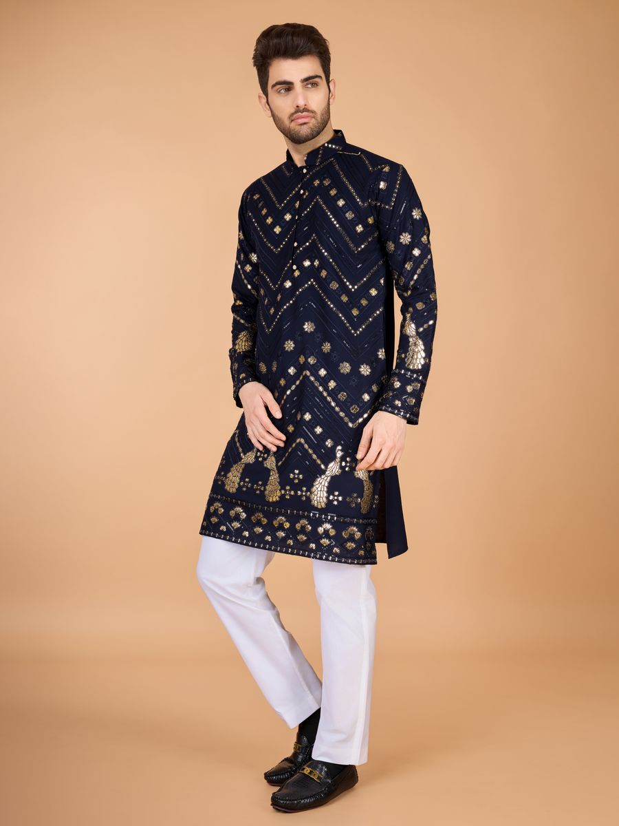 NAVY BLUE PURE VISCOSE RAYON THREAD & SEQUENCE EMBROIDERED WORK KURTA - qivii